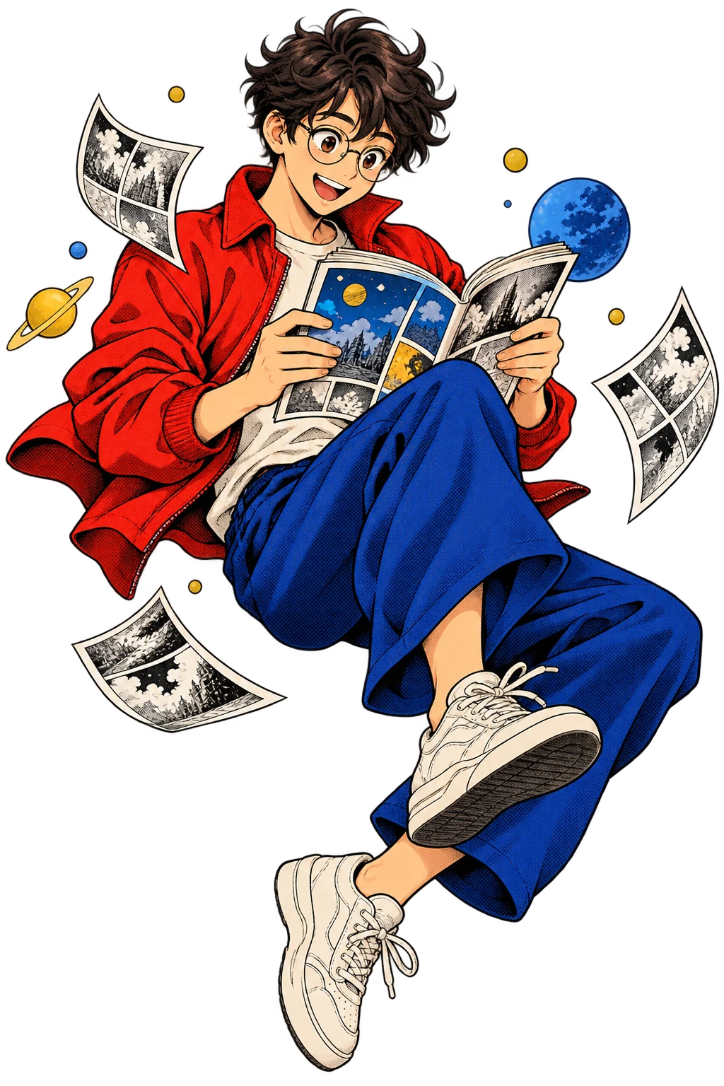 Illustrazione manga originale: un lettore con giacca rossa e occhiali sfoglia un fumetto, tra pagine e piccoli pianeti